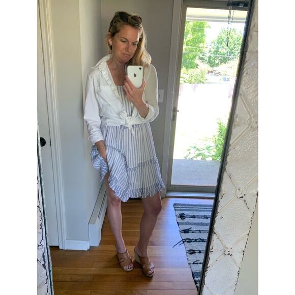 RAILS Blue White Scoop Neck Linen Blend Ruffled Tiers Sandy A-Line Dress Size S - Picture 8 of 10